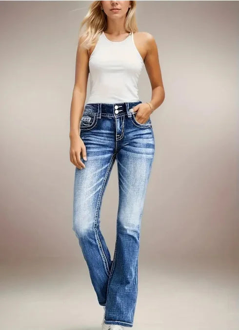 Women's High Waist Embroidered Flared Slimming Cotton Jeans