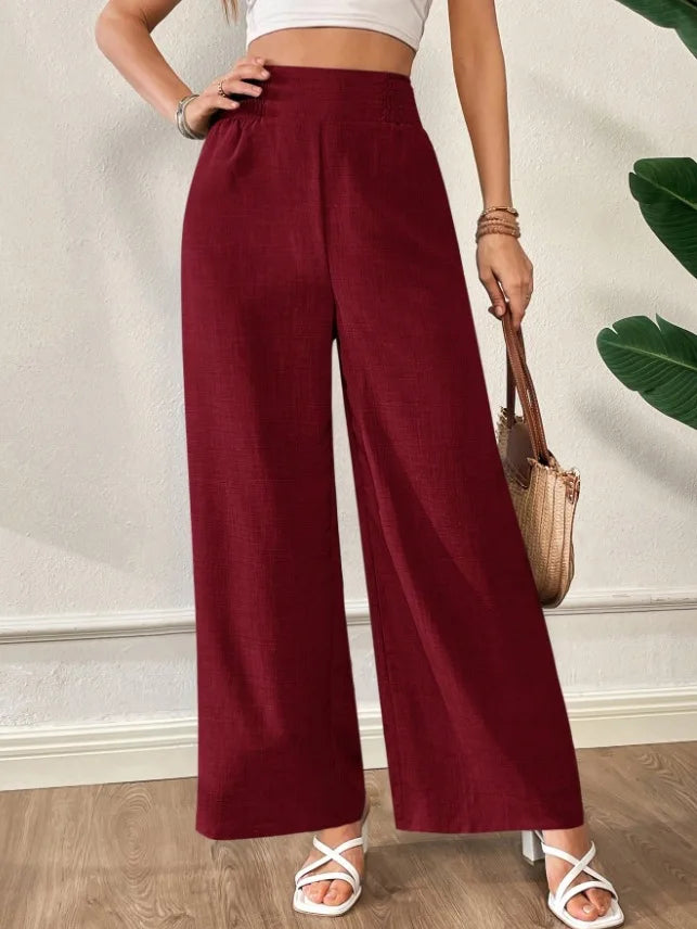 Womens Linen Blend High Waist Wide Leg Pants Smocked Waist