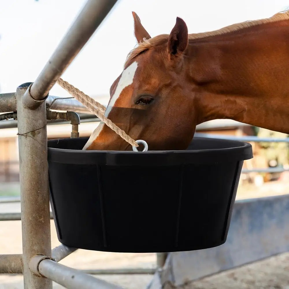 3-Pack Rubber Feed Troughs with Hooks, 6.5 Gallon Capacity, 90° Design for Poultry, Goats, and Other Animals