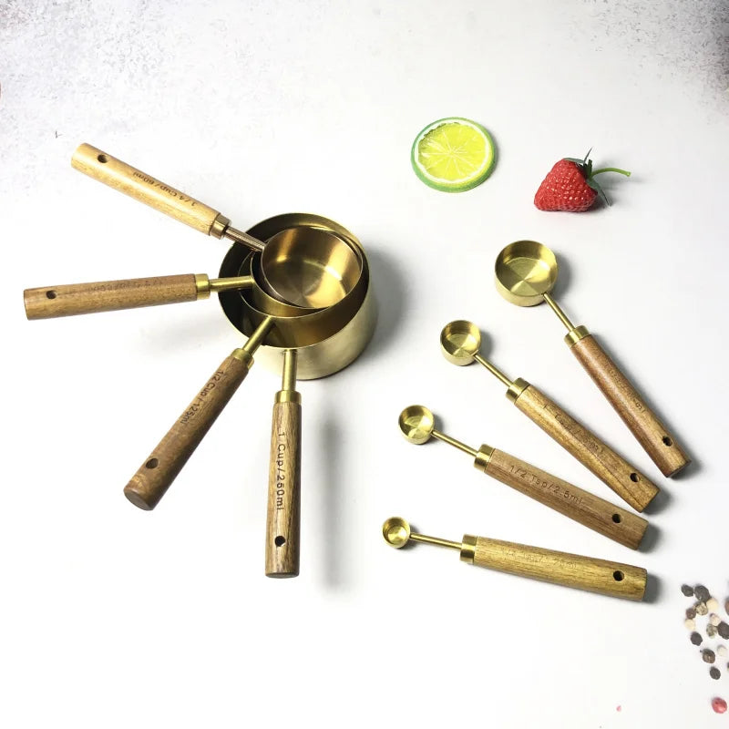 Stainless Steel Measuring Cups And Spoons Set With Wood Handle
