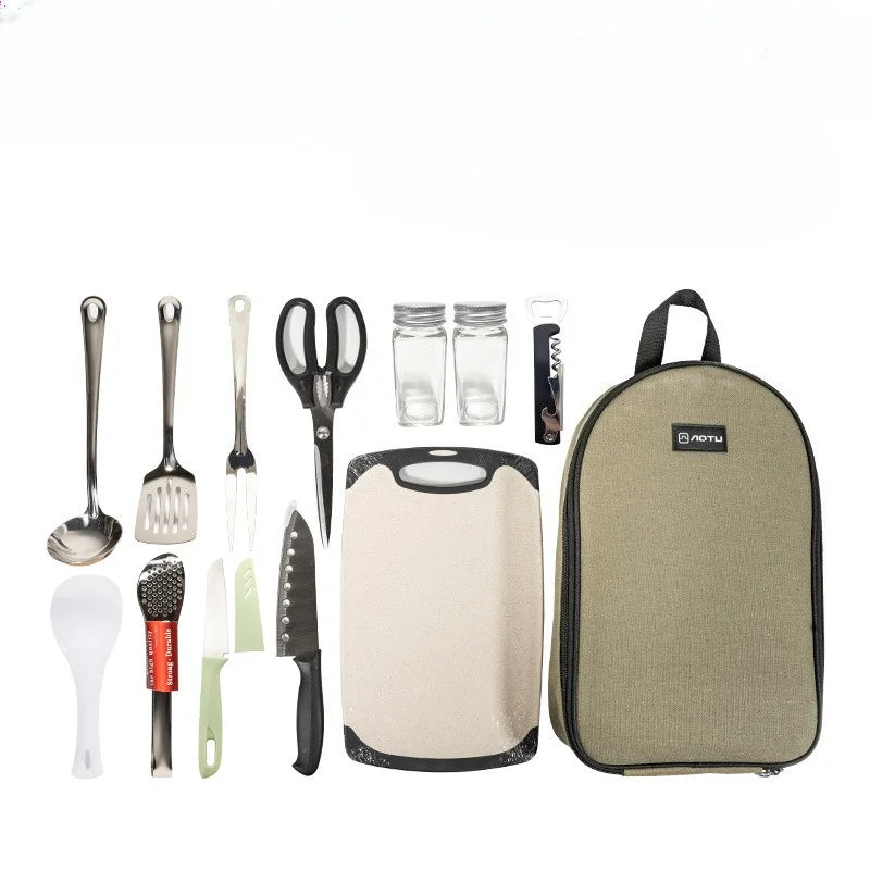 Outdoor Camping Kitchen Utensils 12 Piece Stainless Steel Tool Set With Bag