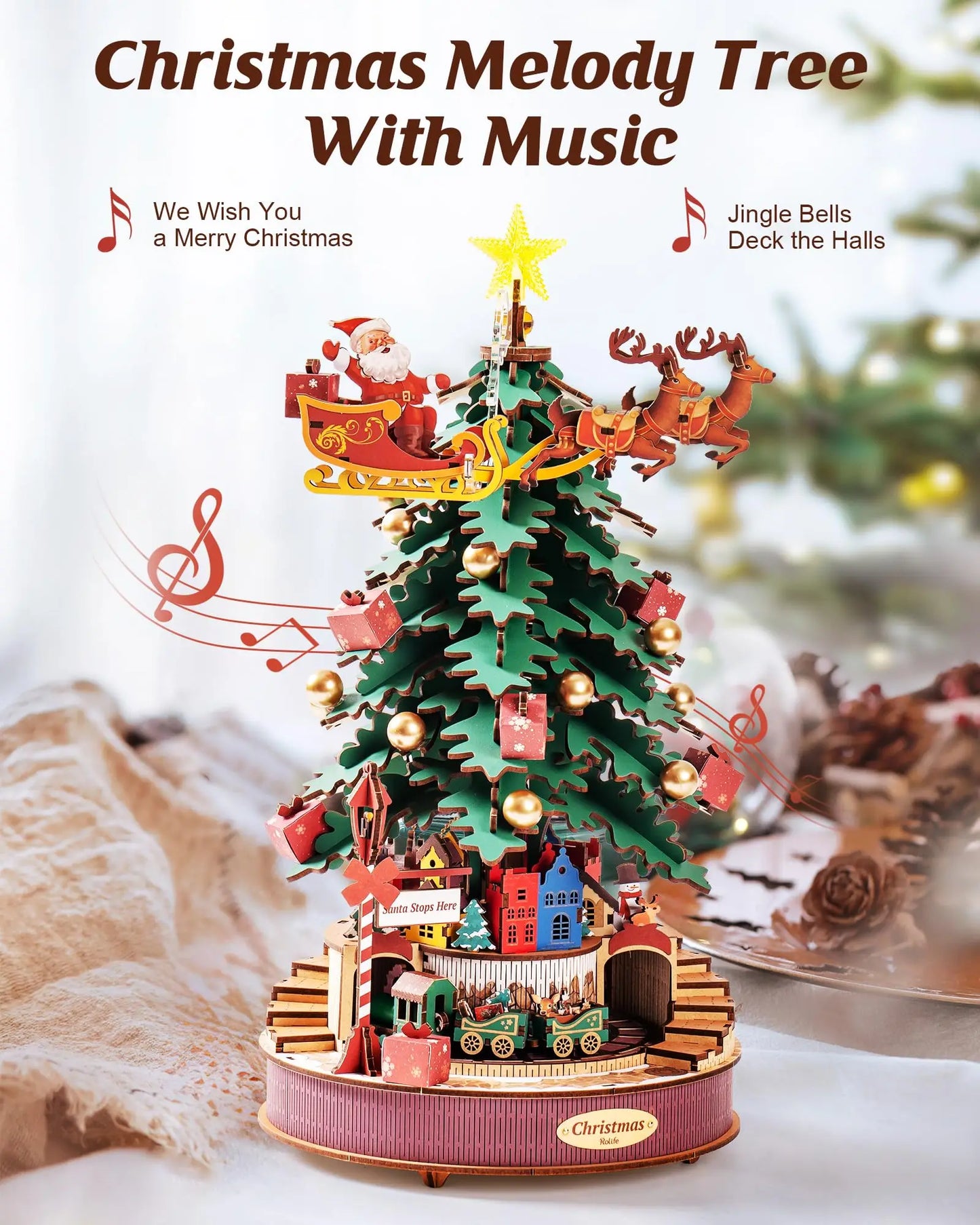 Robotime Rolife Christmas Melody Tree Music Boxes 3D Wooden Puzzle with Light Perfect Gifts for Family  Easy Assemble Toys