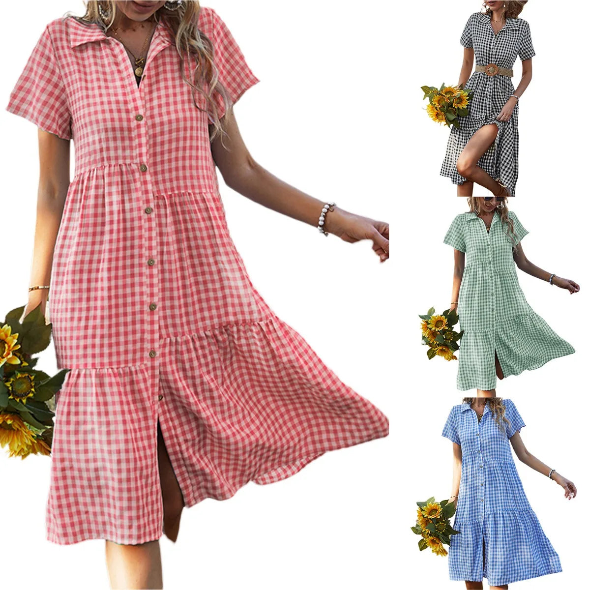 Cakulo Womens Checkered Shirtdress Short Sleeve Button Down Casual
