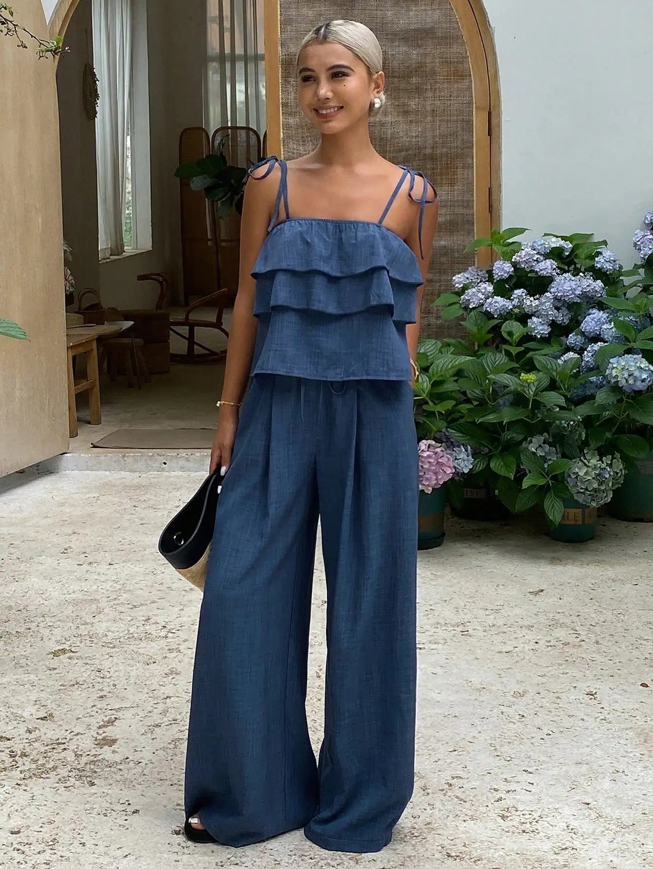Ruffled Cami Top And Wide Leg Pants Set For Summer