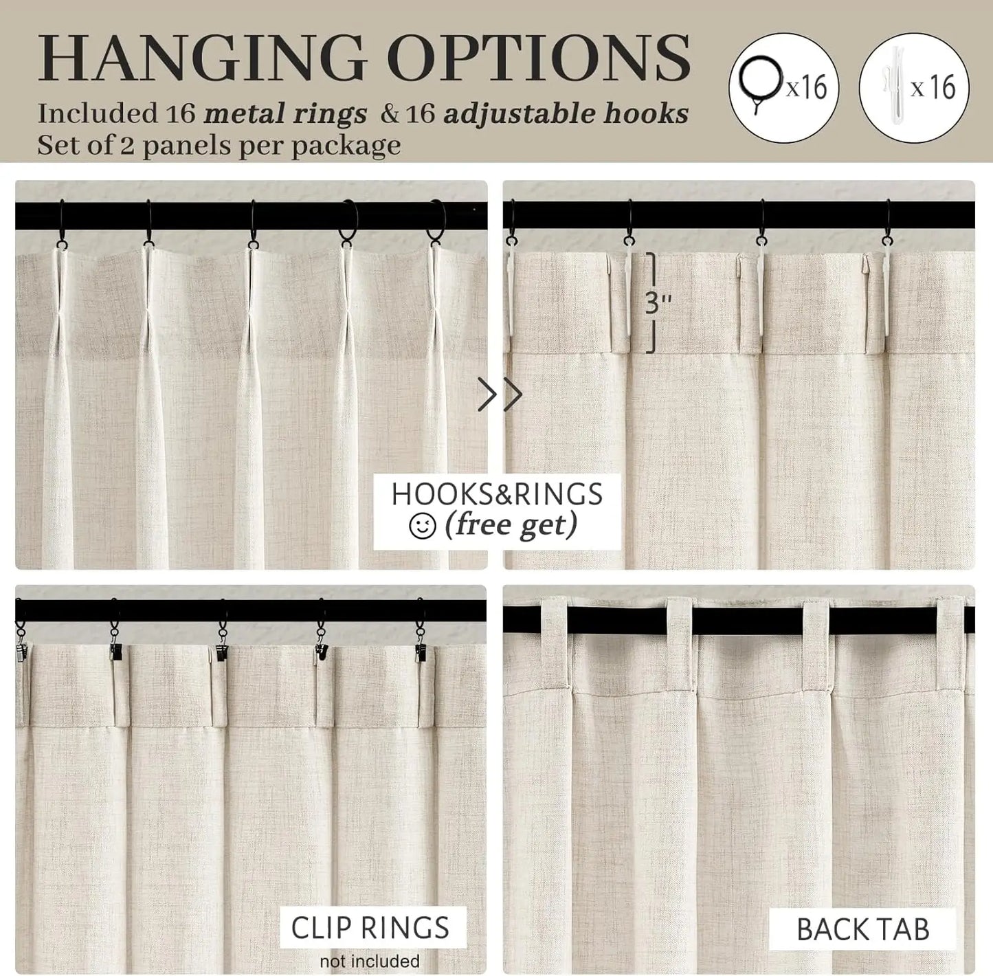 Pinch Pleated Linen Curtains Light Filtering Boho Drape Living Room
