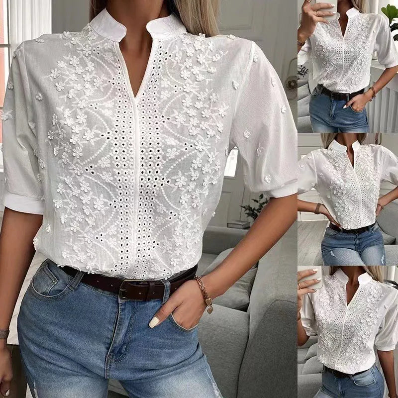 Elegant Short Sleeve Chiffon Blouse With Crochet Embroidery
