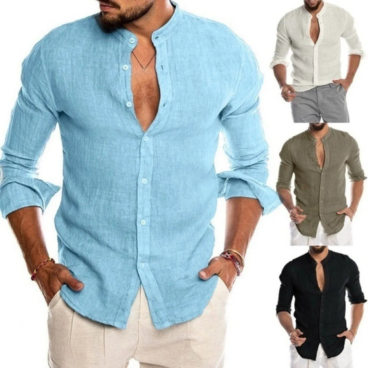 Men's Casual Long Sleeve Cotton Stand Collar Shirt