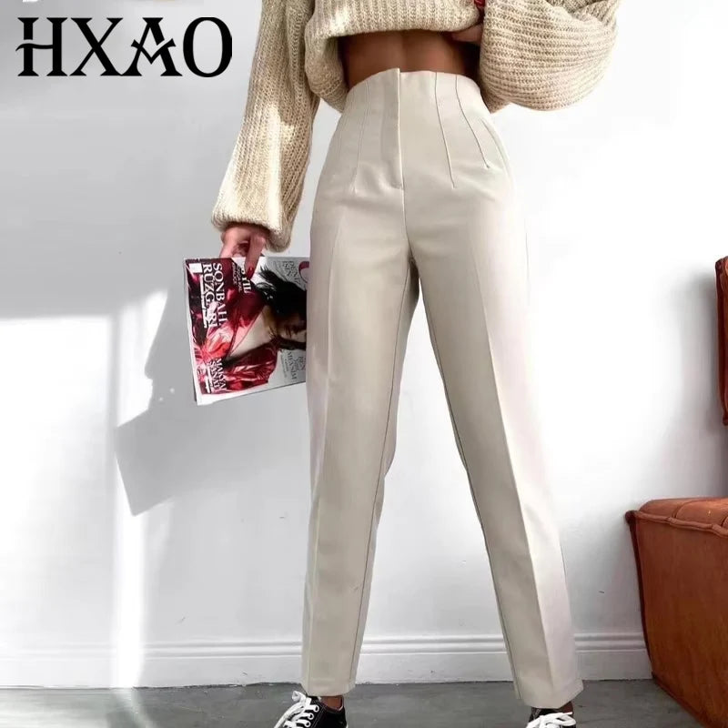 HXAO Womens Pleated High Waist Formal Office Pants Cropped Trousers