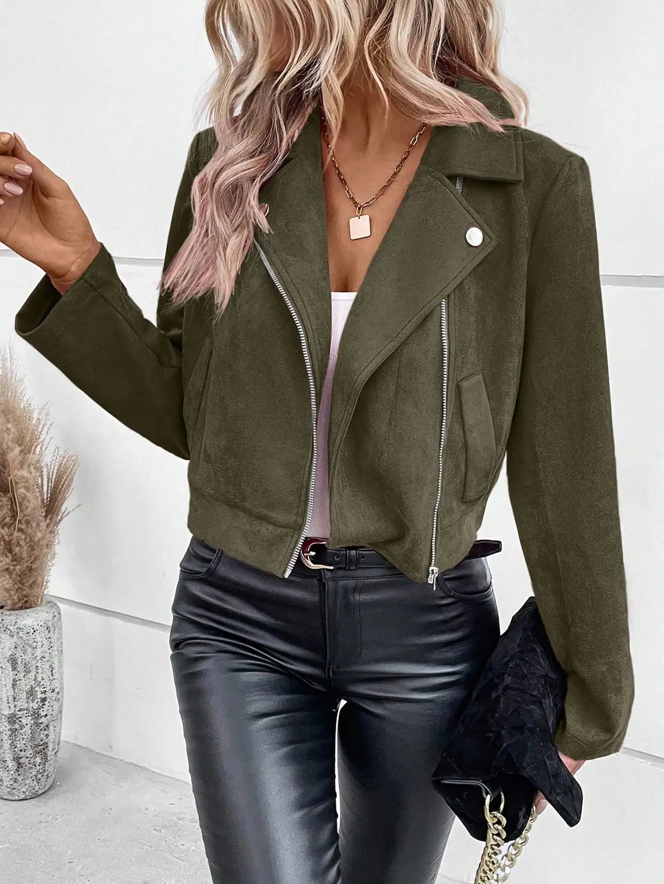 Mzccgoing Faux Suede Women Jacket Zipper Lapel Biker Jacket