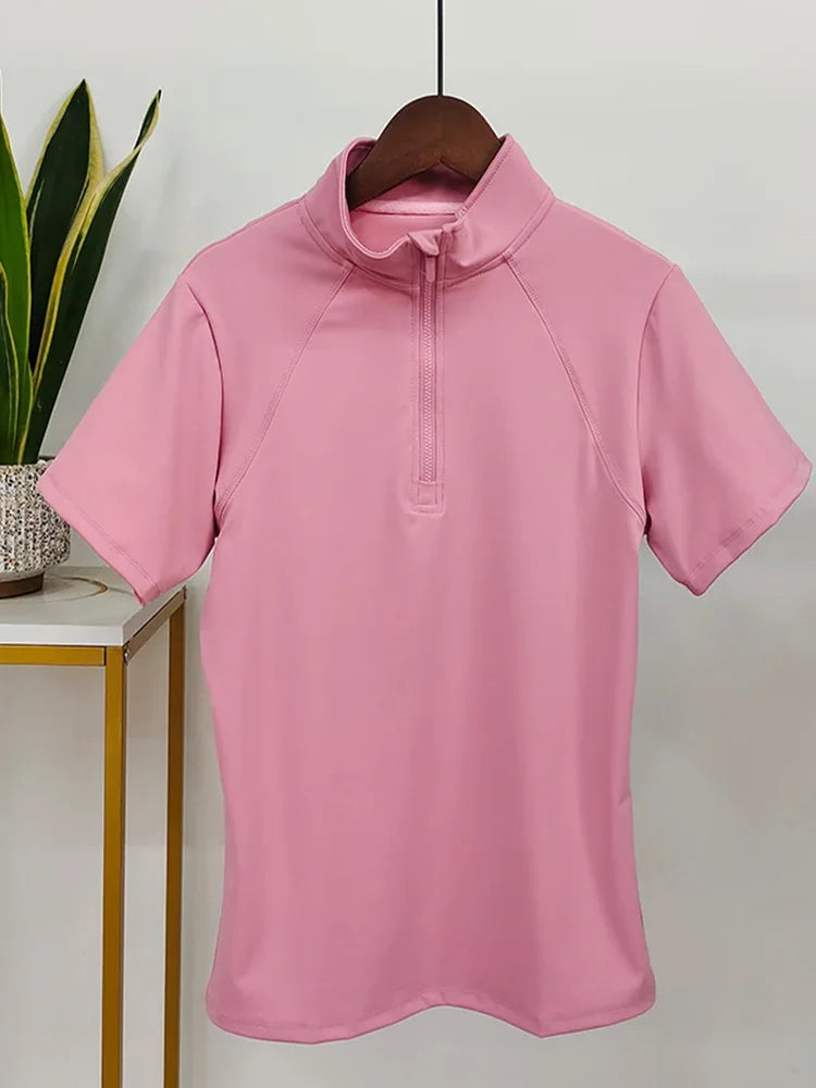 NONECN Equestrian Women Zip Front Horse Riding Top Short Sleeve