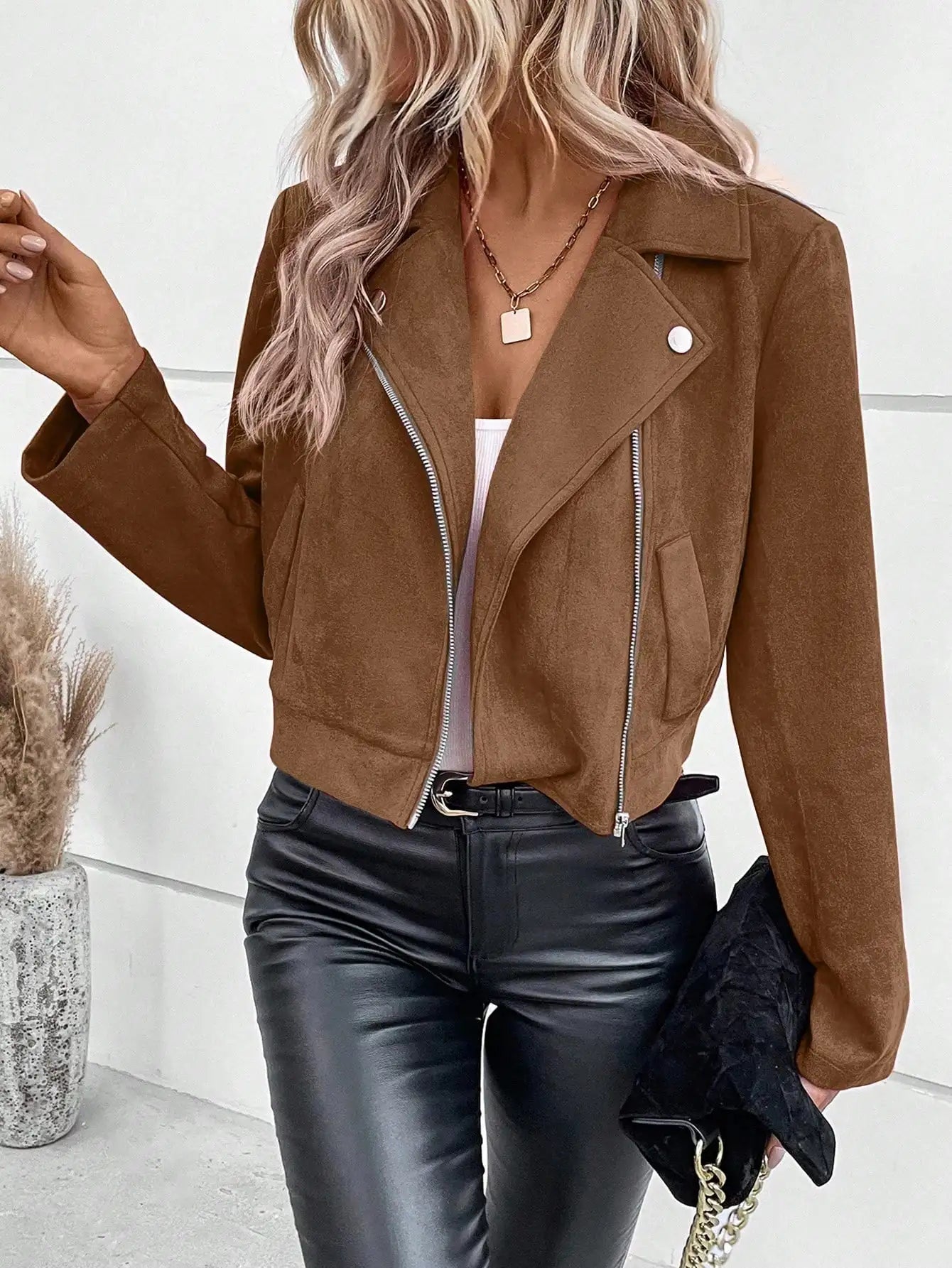 Mzccgoing Faux Suede Women Jacket Zipper Lapel Biker Jacket