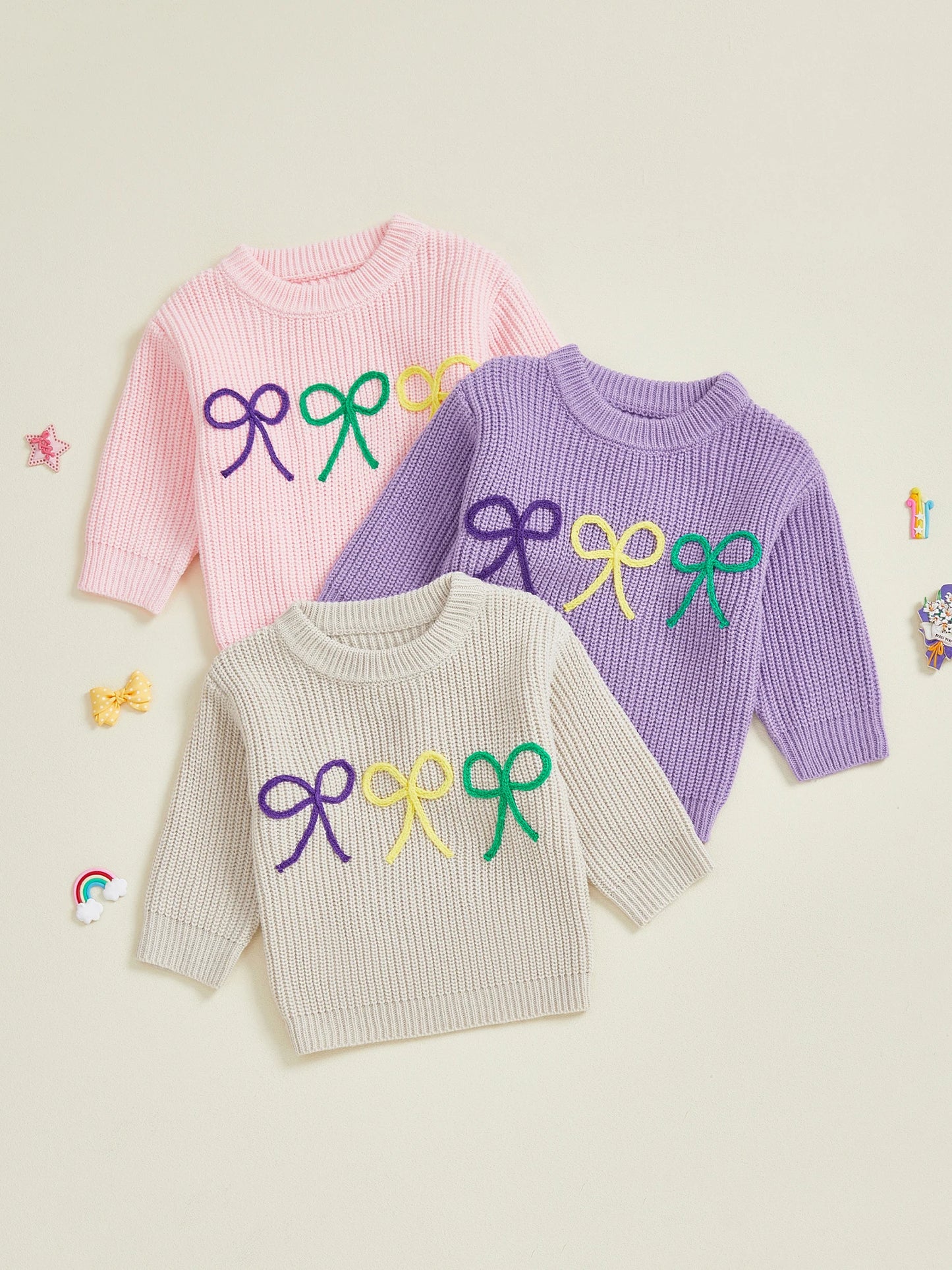 Mardi Gras Toddler Girl Sweater With Embroidered Bow Detail