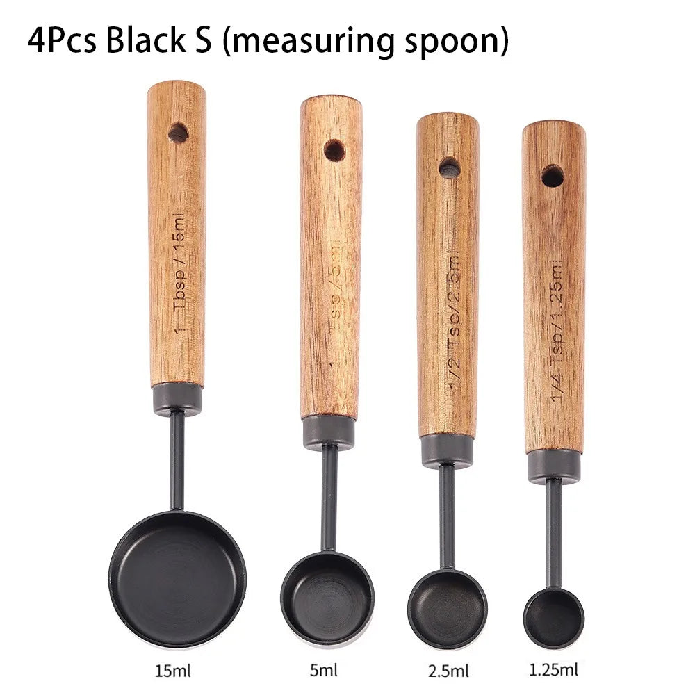 4Pcs Stainless Steel Measuring Cup Spoon Set With Wooden Handle