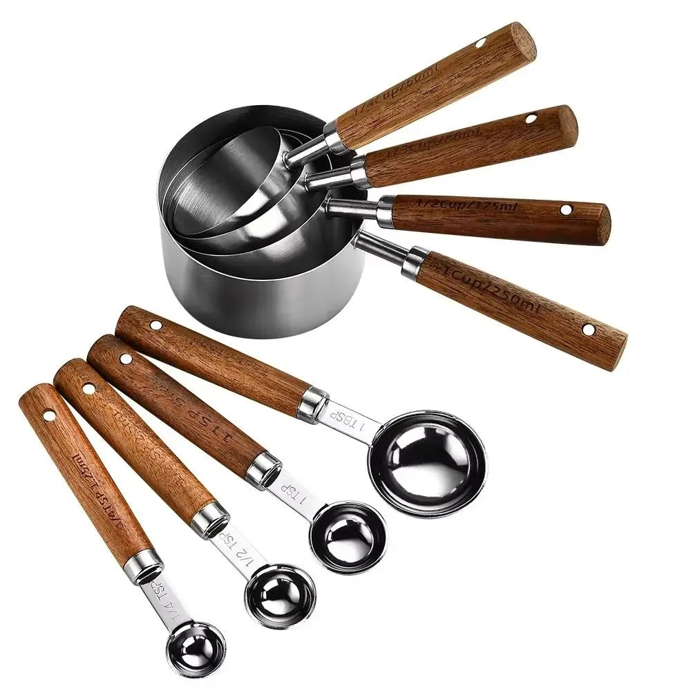 4Pcs Stainless Steel Measuring Cup Spoon Set With Wooden Handle