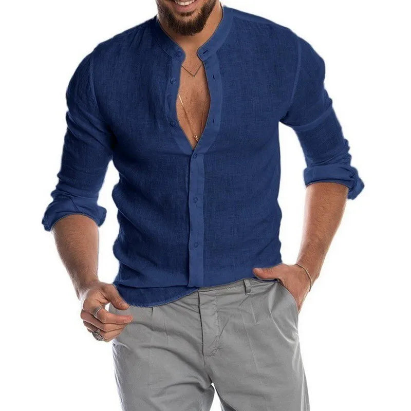 Men's Casual Long Sleeve Cotton Stand Collar Shirt