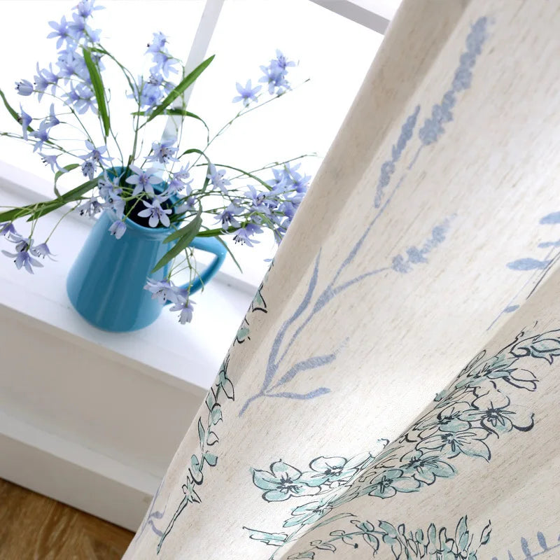 New American Style Fresh Cotton and Linen Printed Partition Bluey Window Curtains for Living Dining Room Bedroom Kitchen Home