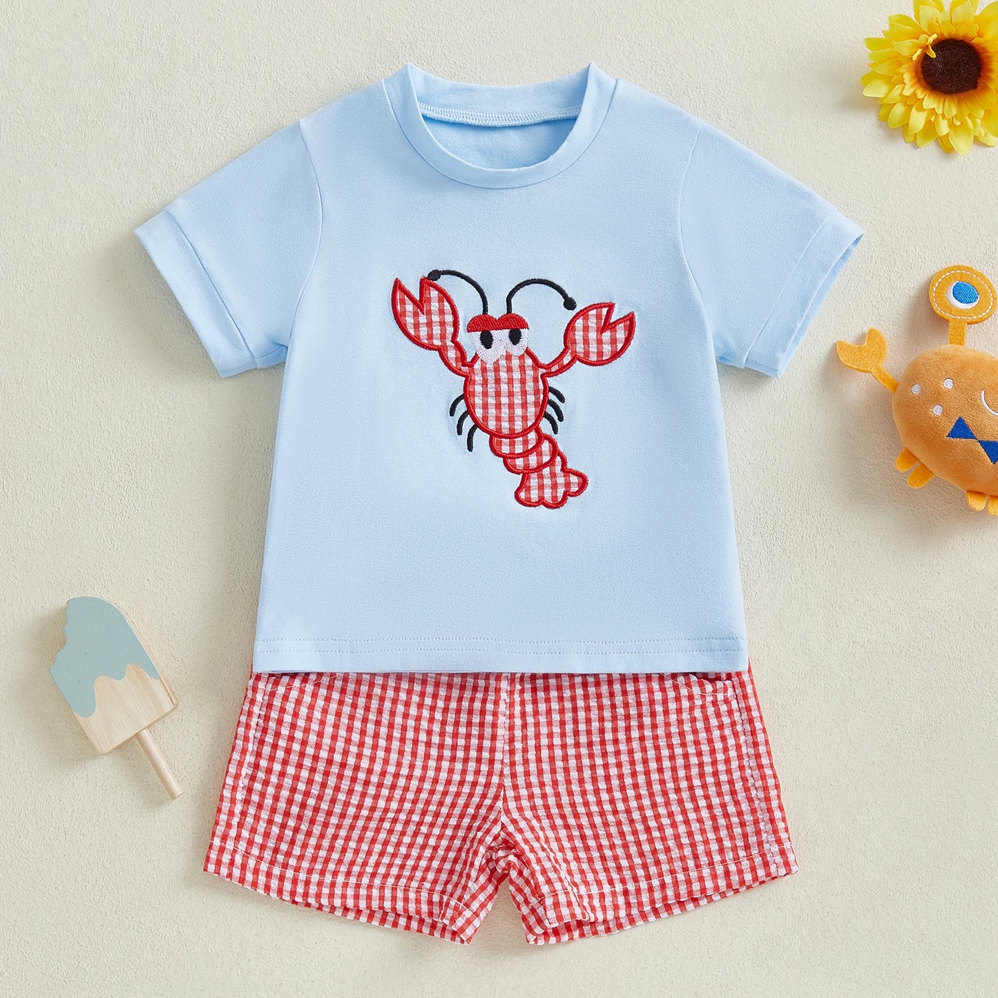 Toddler Boy Summer Outfit Set Embroidered Crab Lobster Plaid Shorts