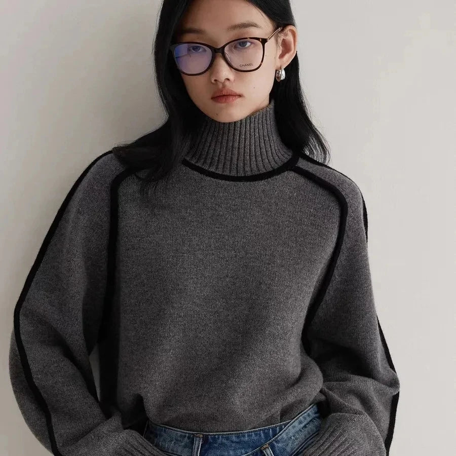 VWBQNZ Womens Turtleneck Knitted Sweater Autumn Winter Patchwork Pullover
