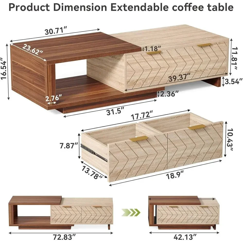 Expandable Wooden Coffee Table With 2 Drawers Rectangular Center Table