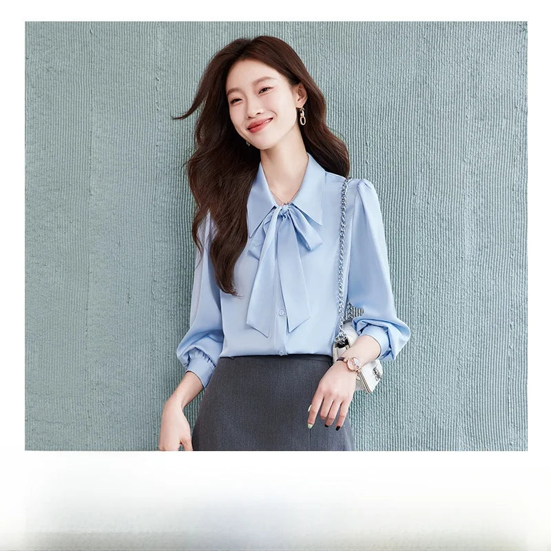 Others Blue Bow Tie Shirt Skirt Set For Professional Commuter And Interview