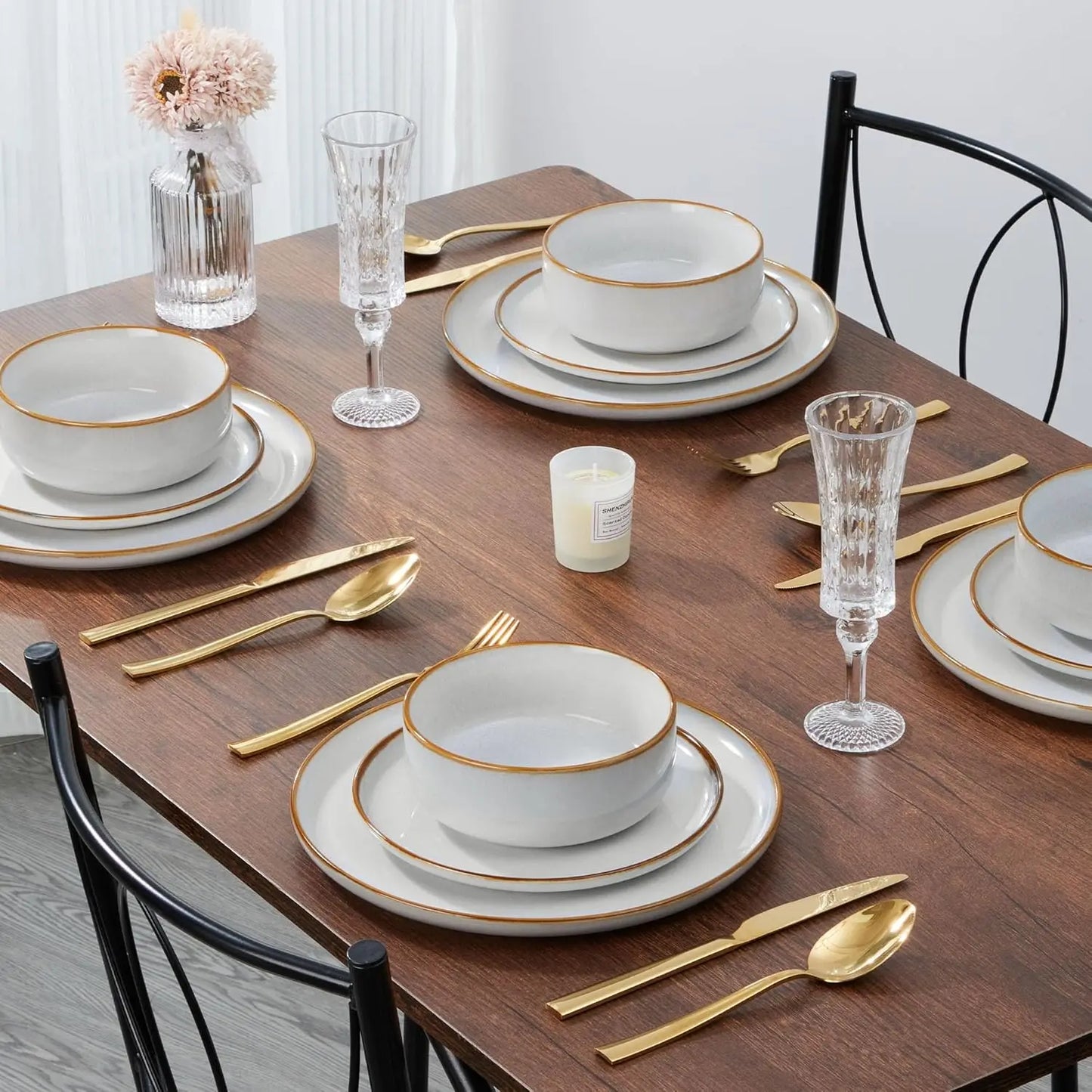 12 Piece Stoneware Plates And Bowls Set For Four People