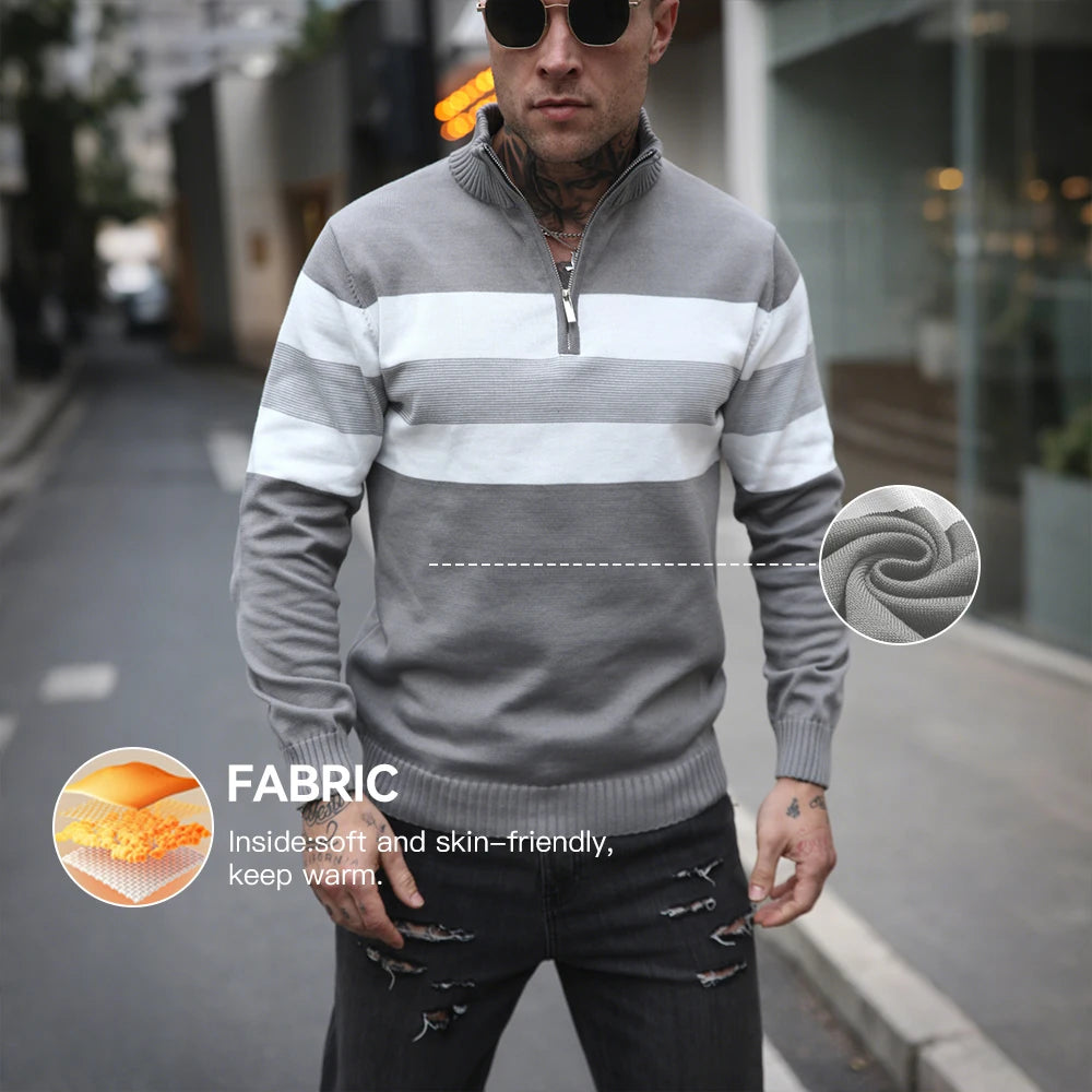 NONECN Men's Zipper Mock Neck Pullover Knit Sweater