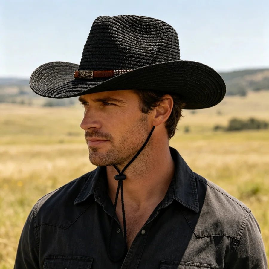 Outdoor Straw Cowboy Hat for Unisex Sun Protection Windproof Adjustable Strap