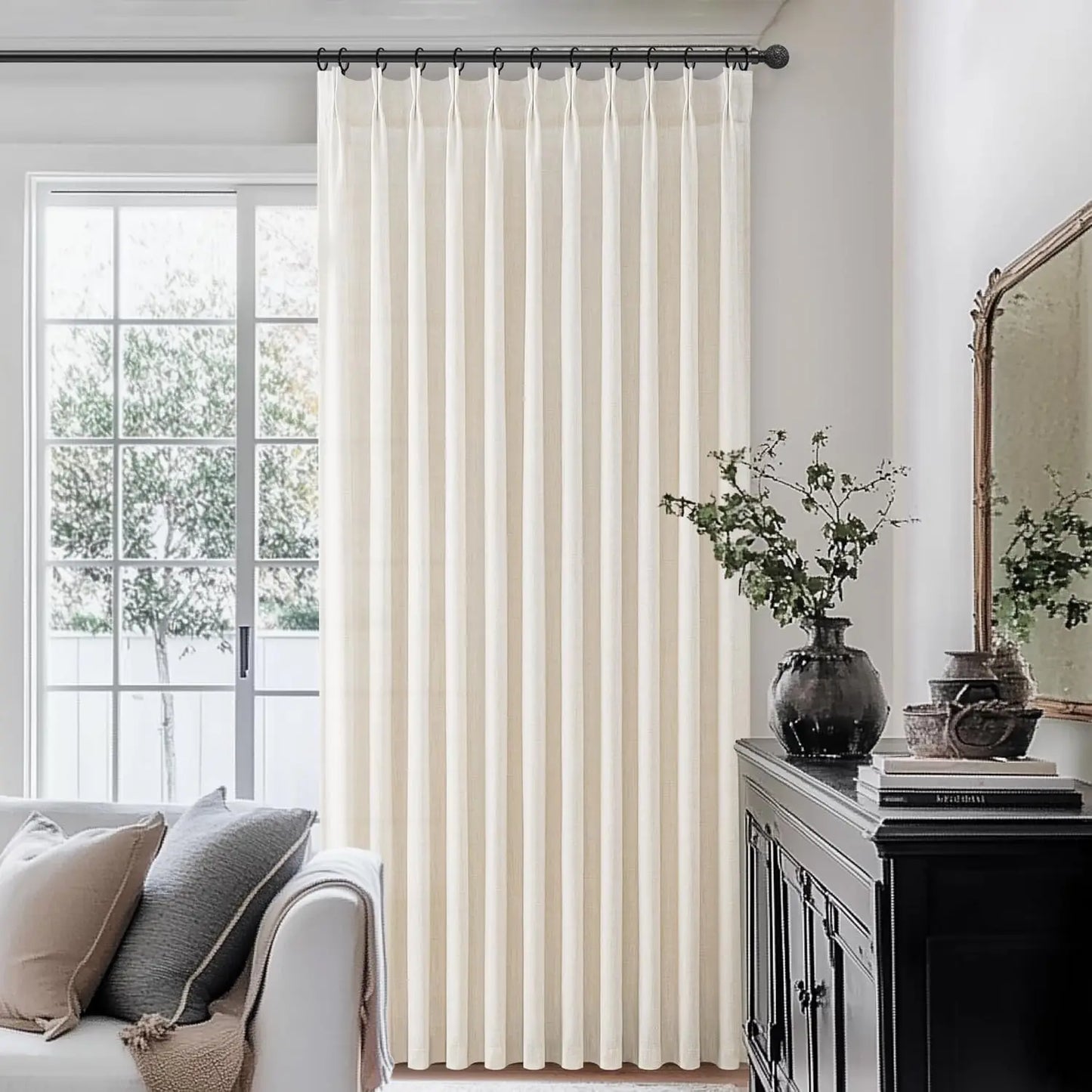 Pinch Pleated Linen Curtains Light Filtering Boho Drape Living Room