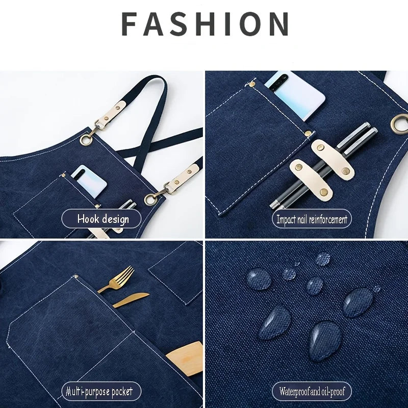 Thickened Waterproof Canvas Apron With Pockets Crossback Adjustable