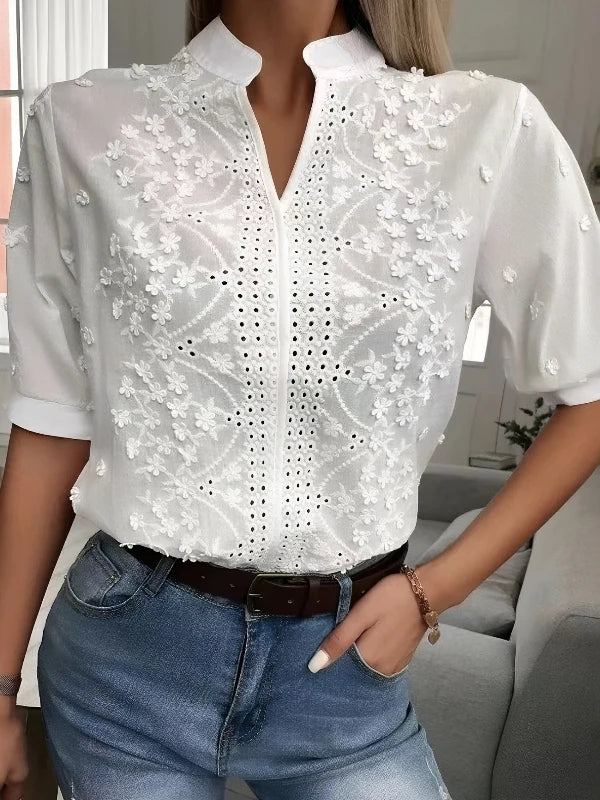 Others Embroidered Hollow Out Stand Collar Short Sleeve Shirt