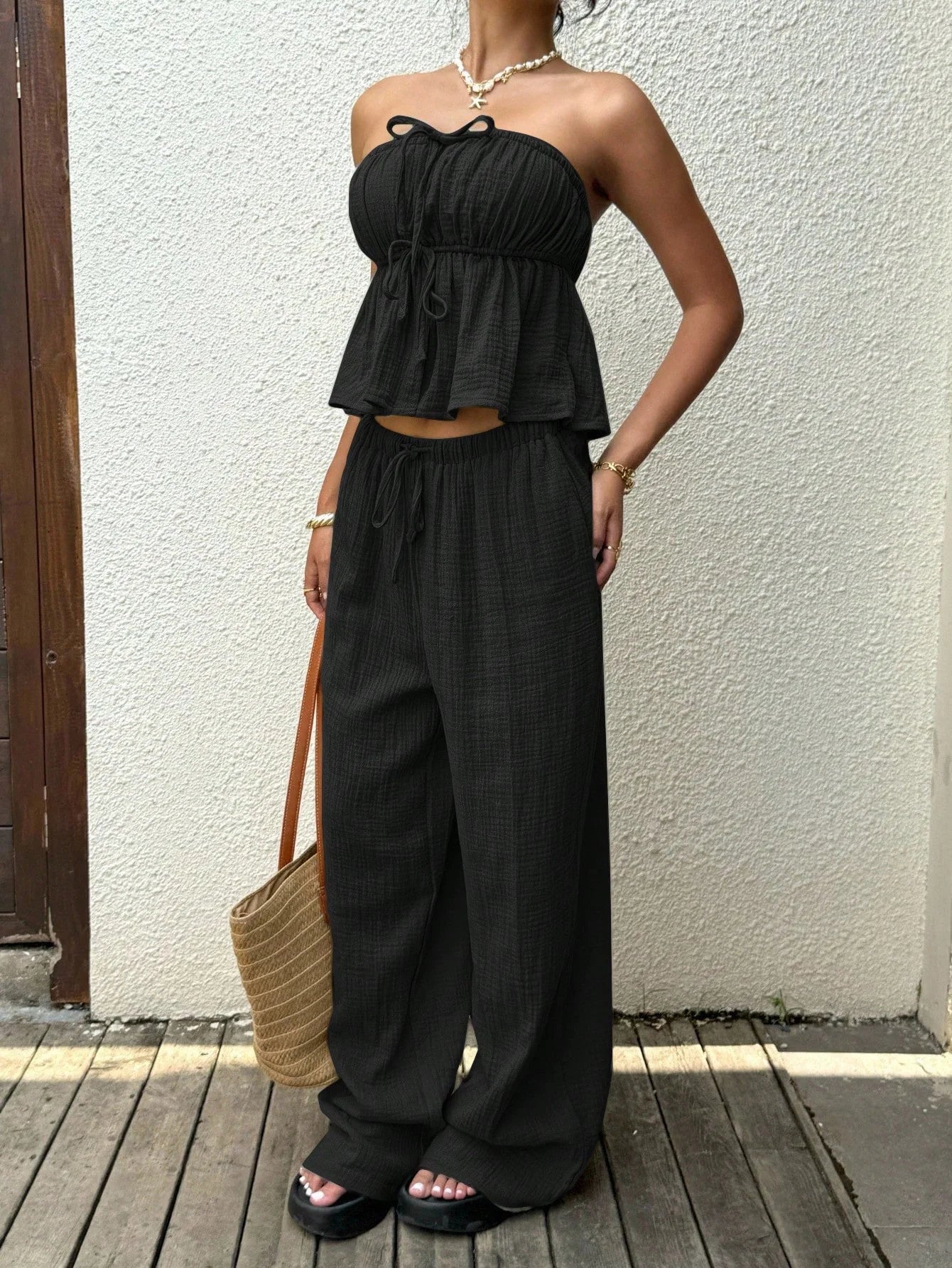Women Two Piece Lace Up Top And Pants Set