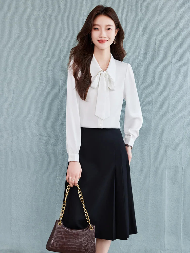 Others Blue Bow Tie Shirt Skirt Set For Professional Commuter And Interview