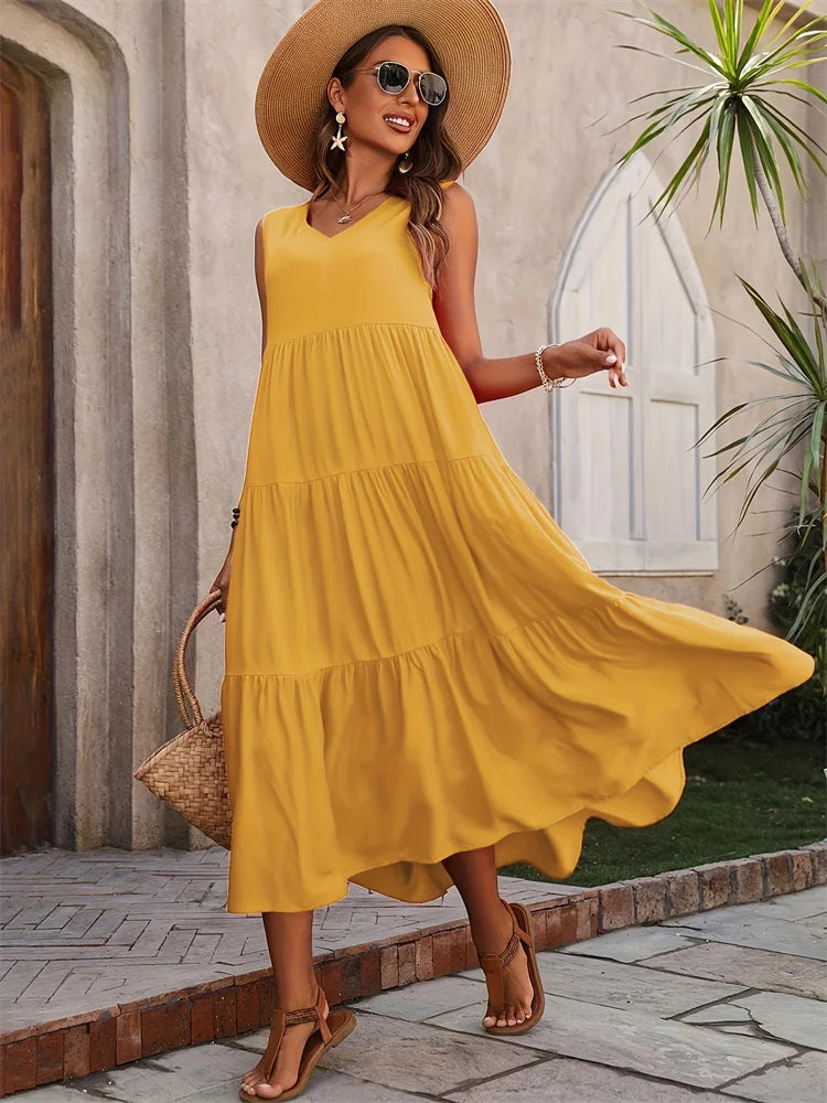 Y.KUKU Women Summer Casual Dress Mid Calf Length Elegant
