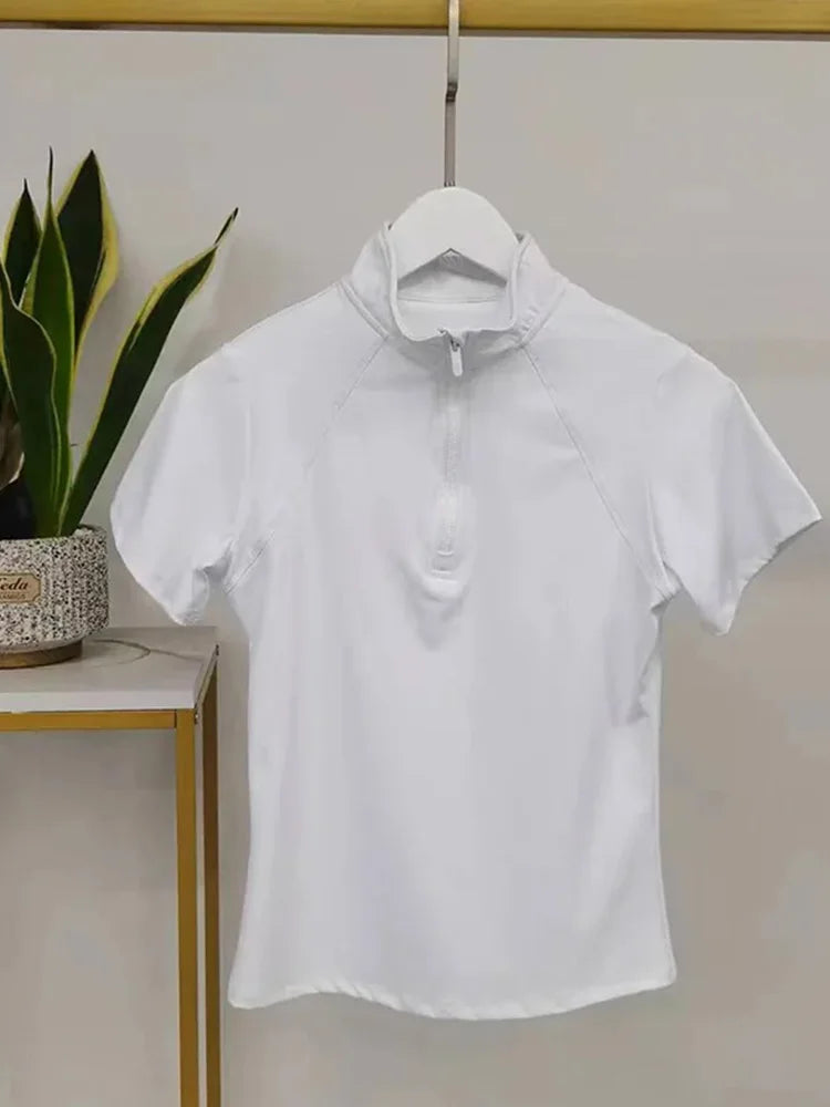 NONECN Equestrian Women Zip Front Horse Riding Top Short Sleeve