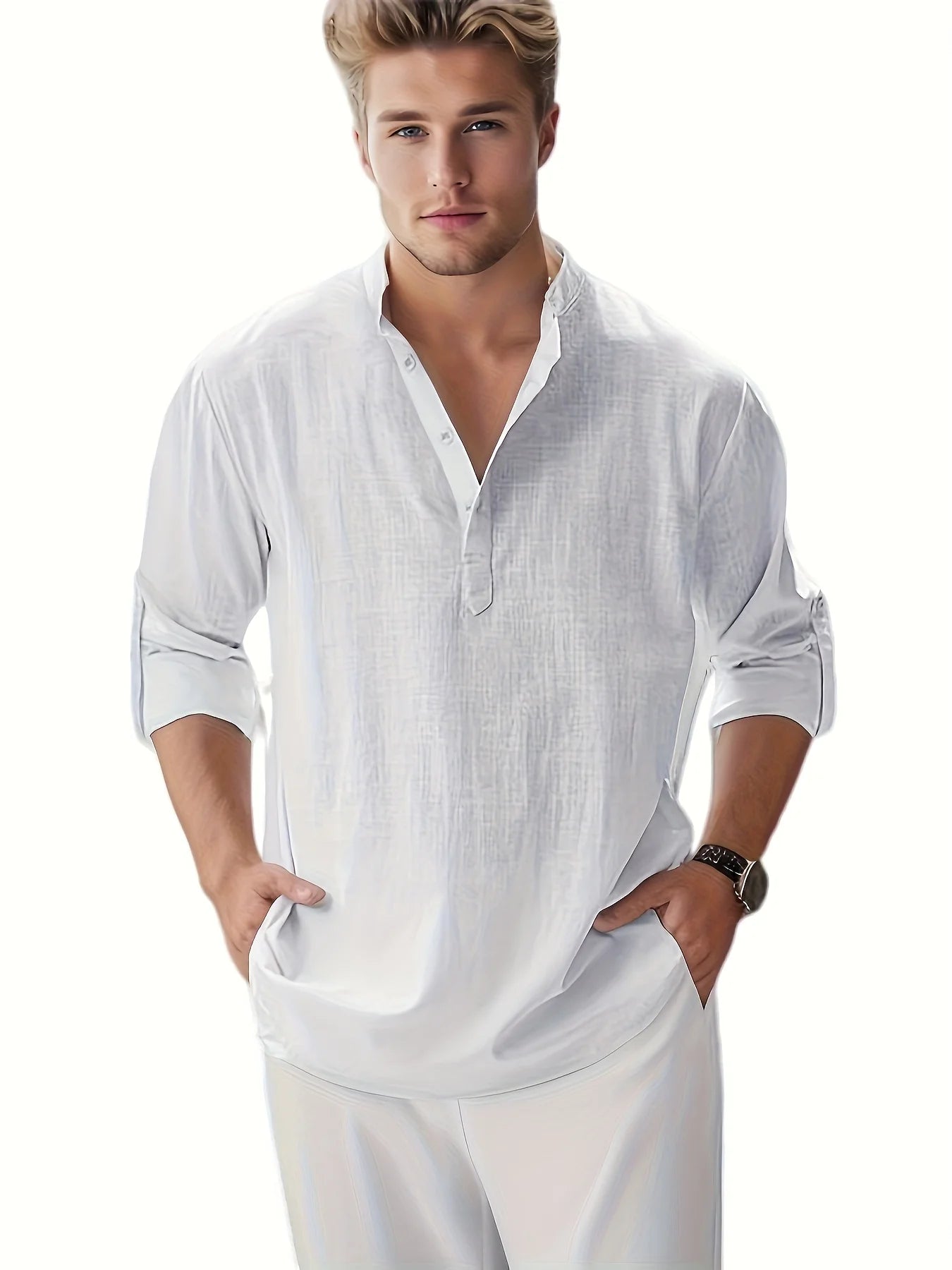 Men's Linen Stand Collar Long Sleeve Shirt Cotton Blend