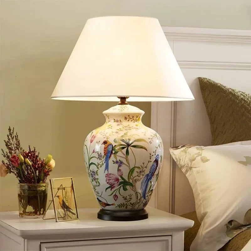 Ceramic Flower Bird Desk Lamp LED For Bedroom Living Room