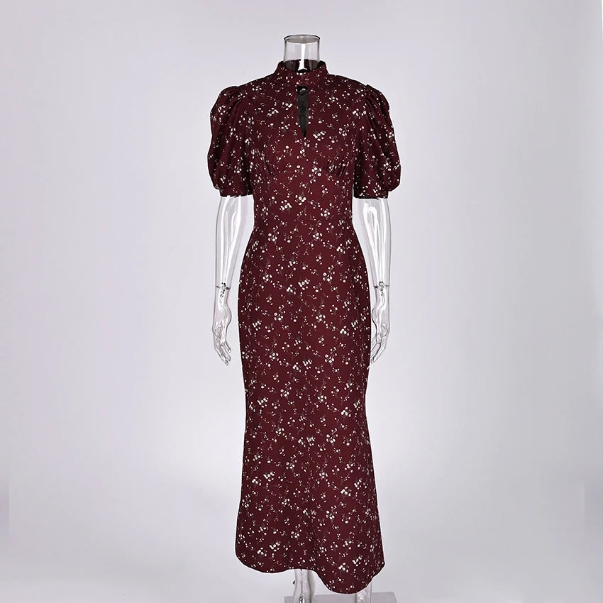 Linad Elegant Print Long Dress Chiffon High Waist Puff Sleeve