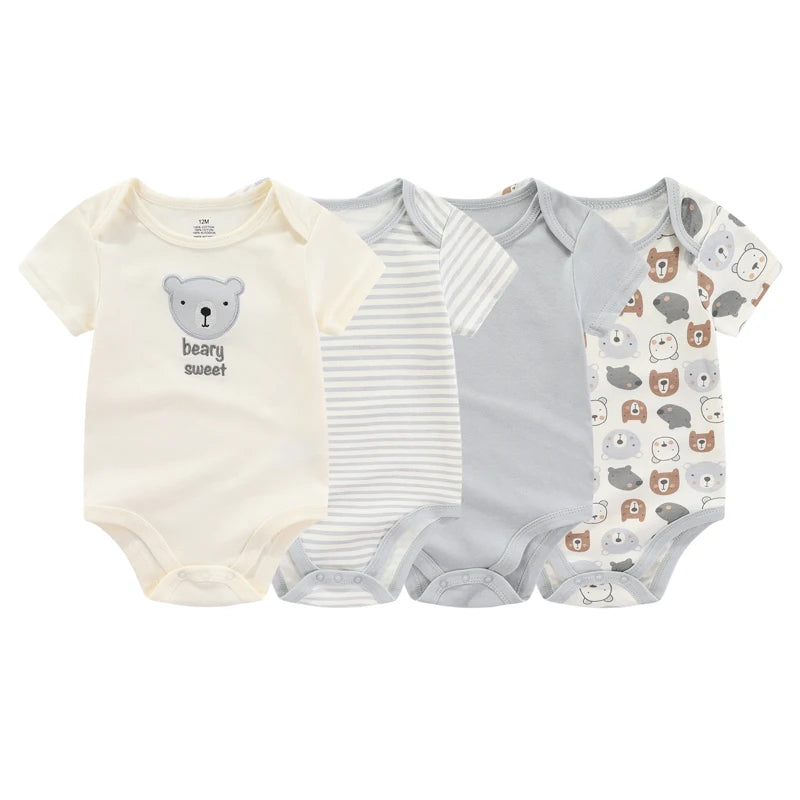 4 Piece Baby Bodysuits Set Summer Short Sleeve Cartoon Cotton Unisex