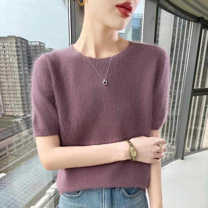 FRSEUCAG Women's Mink Cashmere Knit Sweater O-Neck Short Sleeve Pullover