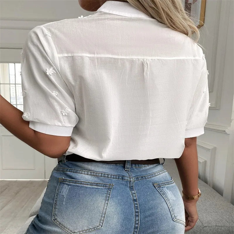 Elegant Short Sleeve Chiffon Blouse With Crochet Embroidery