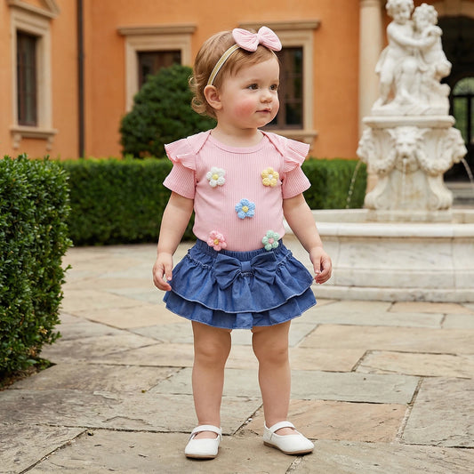 EmmababyCN Girls Summer Crochet Floral Romper Set With Bow Headband