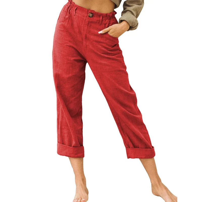 Guangdong Choice Cotton Linen Cropped Pants For Women, Casual Straight