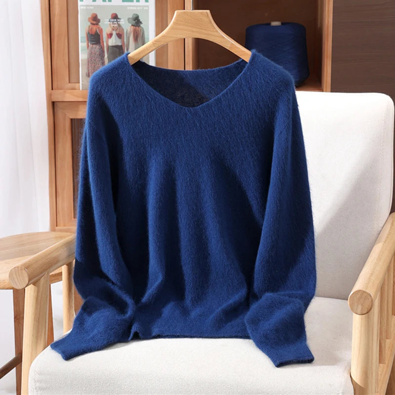 Mink Cashmere Women's V-Neck Knit Pullover Sweater