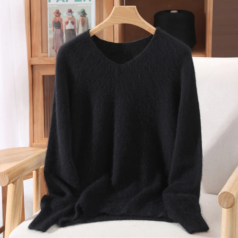 Mink Cashmere Women's V-Neck Knit Pullover Sweater