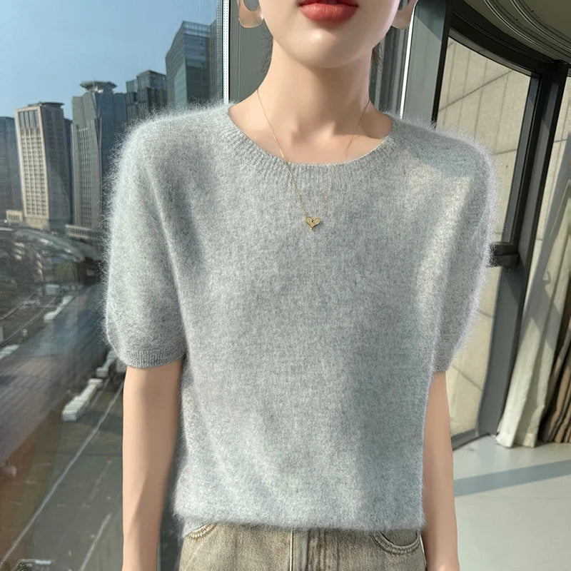 FRSEUCAG Women's Mink Cashmere Knit Sweater O-Neck Short Sleeve Pullover