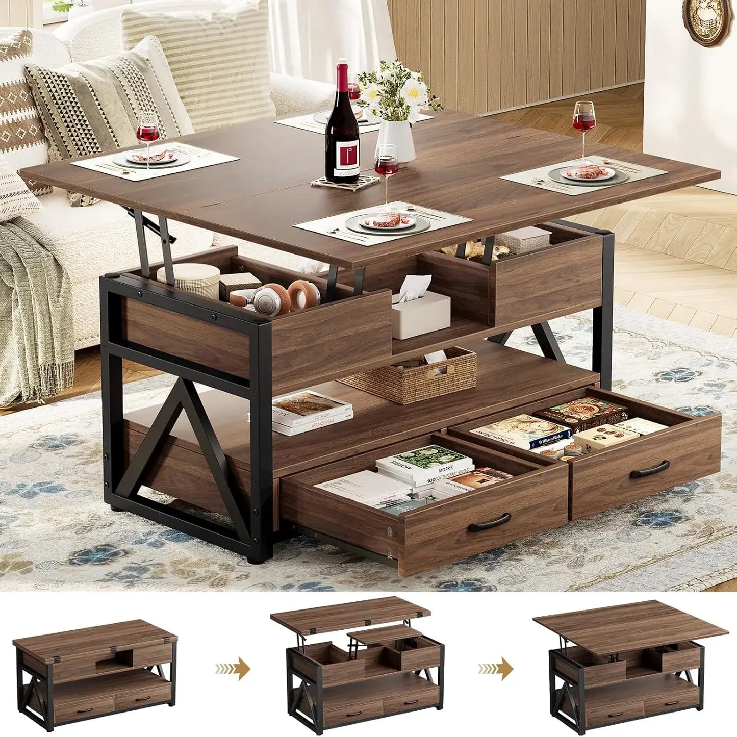 Lift Top Coffee Table With Hidden Compartments And Storage