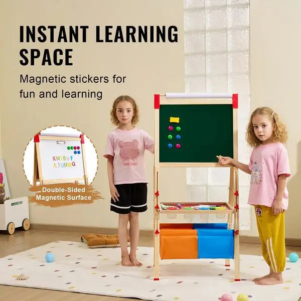 Art Easel for Kids, 3-in-1 Wooden Double-Sided Kid's Art Easel with Magnetic Whiteboard, Chalkboard, Paper Roll, Adjustable