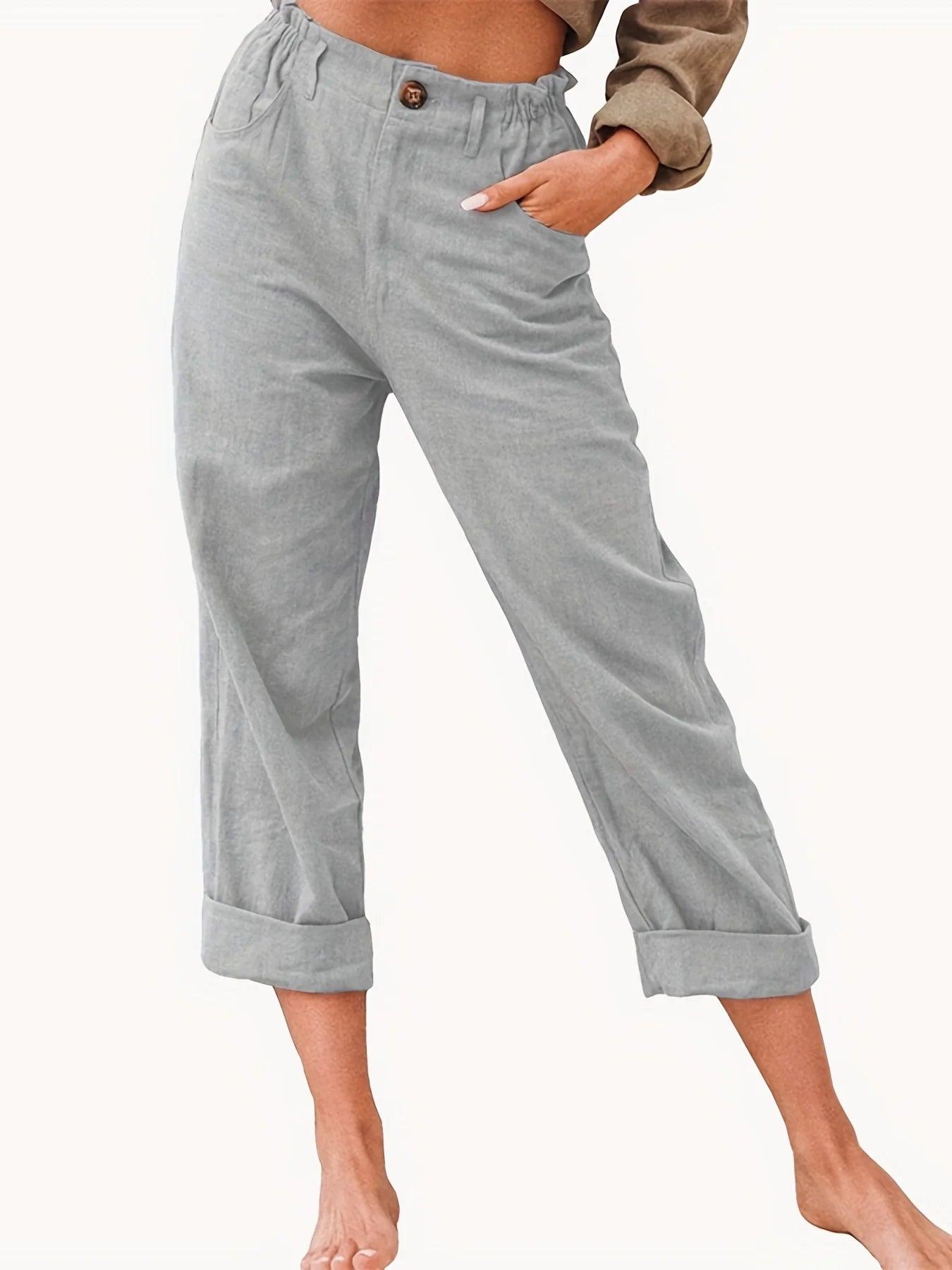 Guangdong Choice Cotton Linen Cropped Pants For Women, Casual Straight