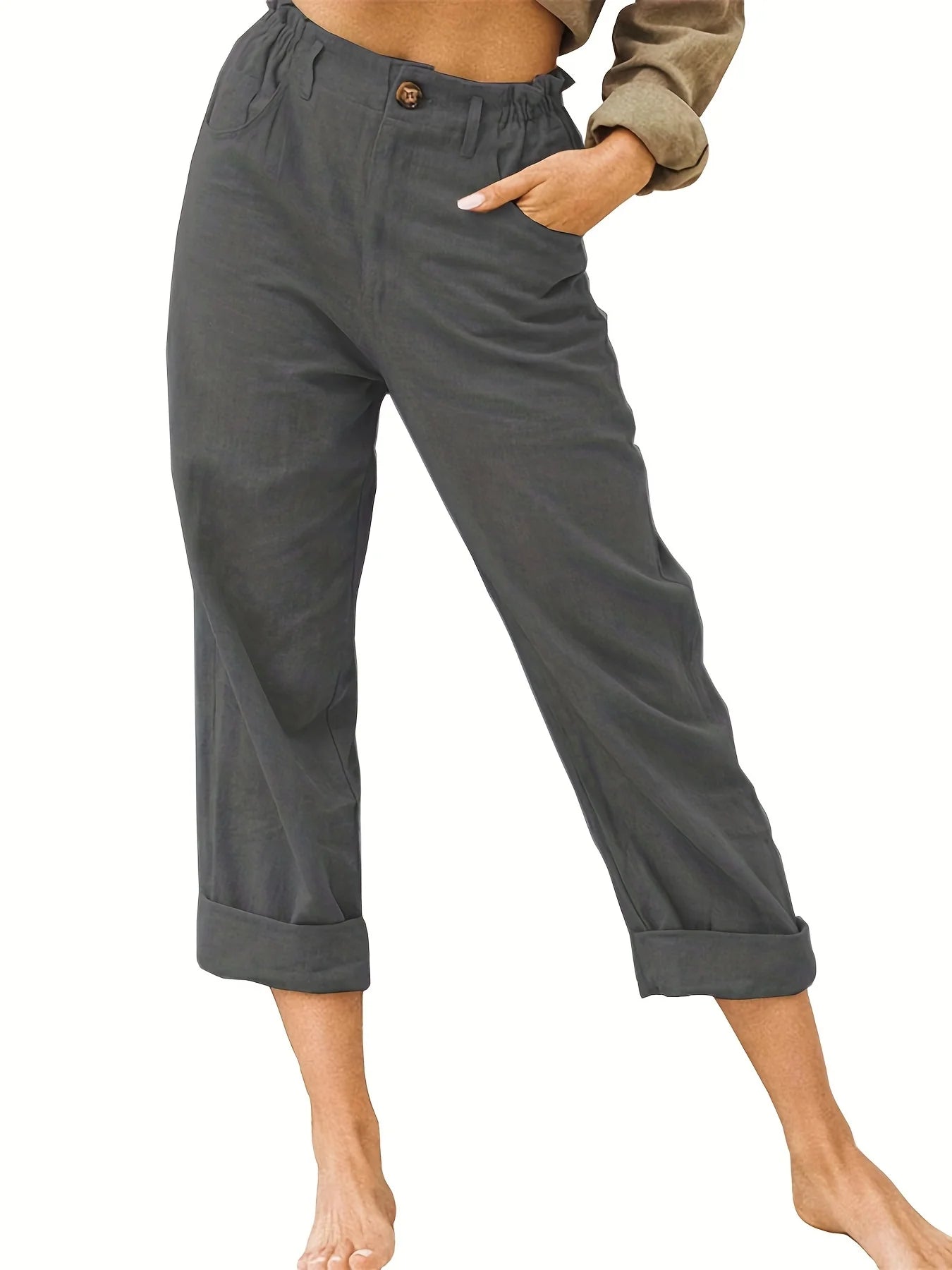 Guangdong Choice Cotton Linen Cropped Pants For Women, Casual Straight