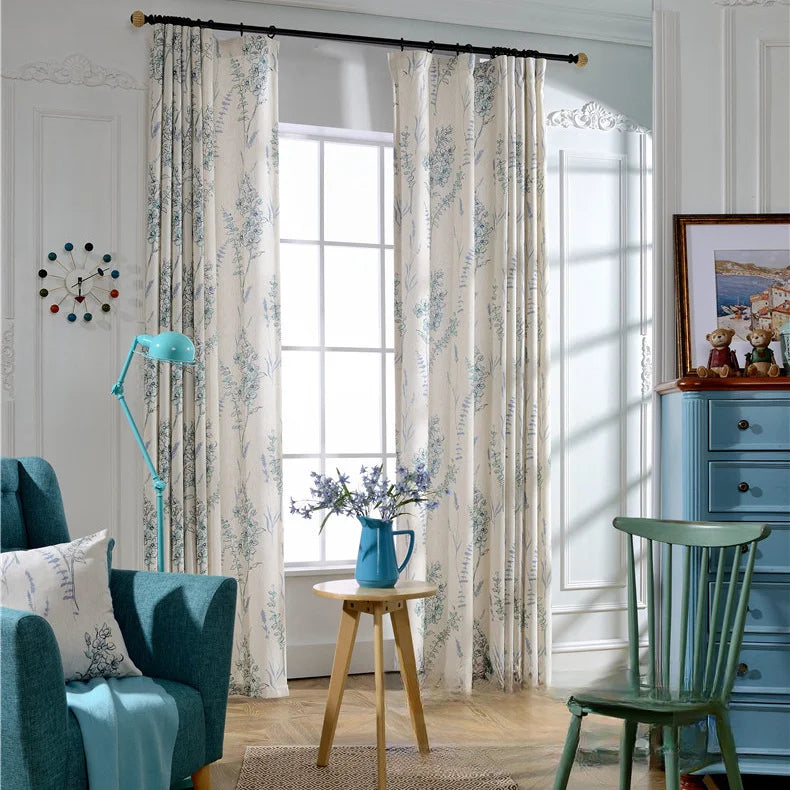 New American Style Fresh Cotton and Linen Printed Partition Bluey Window Curtains for Living Dining Room Bedroom Kitchen Home